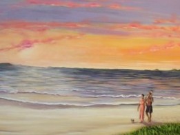 A Little Beach 48 x 84 fine art painting by Ellen Leigh depicting a young family and their dog walking on a beach.