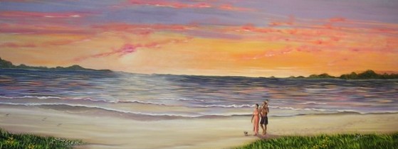 A Little Beach 48 x 84 fine art painting by Ellen Leigh depicting a young family and their dog walking on a beach.