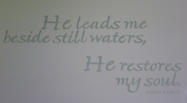 Hand lettered scripture. Mural by Ellen Leigh Psalm 23 artwork