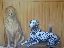 Barn Room mural dogs. Detail of the pets. Mural by Ellen Leigh