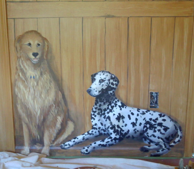 Barn Room mural dogs. Detail of the pets. Mural by Ellen Leigh