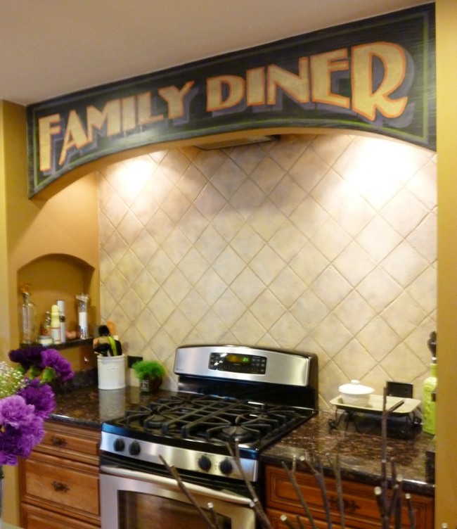 Really cool diner sign in a kitchen