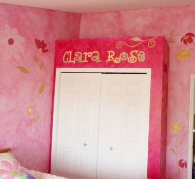 Murals for children's rooms ideas.  Updated closet wall with hand lettered name in a teen girl's room by Ellen Leigh