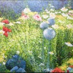 Sandy's Garden 24 x 48 fine art painting by Ellen Leigh in pointillism style showing an example of her signature.