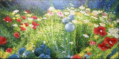 Sandy's Garden 24 x 48 fine art painting by Ellen Leigh in pointillism style showing an example of her signature.