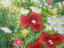close-up of poppies in Sandy's Garden by Ellen Leigh, entered in Northville's Art Show.