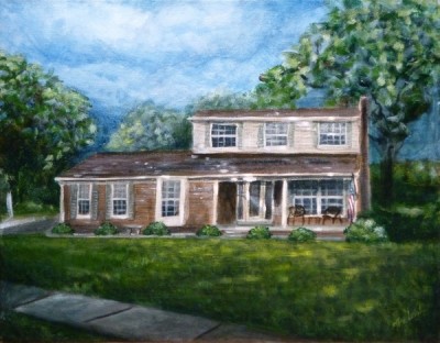 Sun Breaking Through House Portrait 11x 14 fine art painting by Ellen Leigh