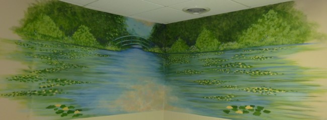 Waterlilies art and a bridge, a soothing mural in a memory care home bathing room. Mural by Ellen Leigh