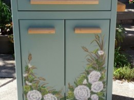 Decorative floral painting on kitchen cart by Ellen Leigh