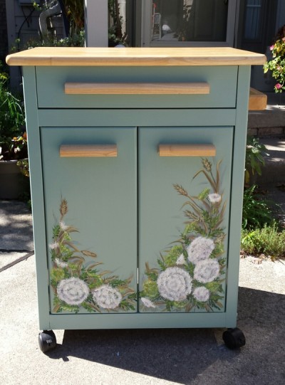Decorative floral painting on kitchen cart by Ellen Leigh