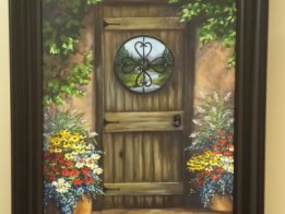 Dana's Hacienda 18 x 24 fine artwork painting by Ellen Leigh depicting a door looking out to the western scenery. by Ellen Leigh