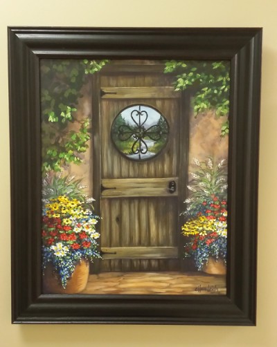 Dana's Hacienda 18 x 24 fine artwork painting by Ellen Leigh depicting a door looking out to the western scenery. by Ellen Leigh