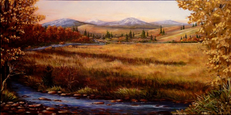 Colorado Meadow Morning 15 x 30 fine artwork painting by Ellen Leigh  fine art prints onlineArtist's collection, prints available on FAA