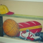 Sports Bench. created and painted to coordinate with sports border. Mural by Ellen Leigh