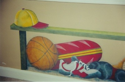 Sports Bench. created and painted to coordinate with sports border. Mural by Ellen Leigh