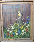 Meadowlark 16 x 20 fine artwork painting by Ellen Leigh wildflowers with a singing meadowlark on a fencepost, barn siding background.