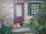 Bonnie in the Garden NFS p fine artwork painting of the artist's favorite Sheltie, waiting by the door in her garden.