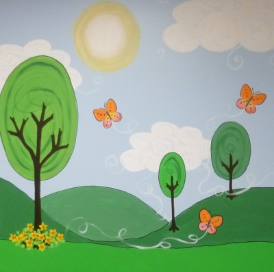 Cartoonish park scene in a day care center. Mural by Ellen Leigh