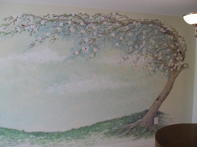 Windswept Apple Tree large mural in dining area. Mural by Ellen Leigh