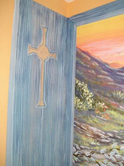 Detail of Arizona Window side wall with shutter painted to extend the work. Mural by Ellen Leigh