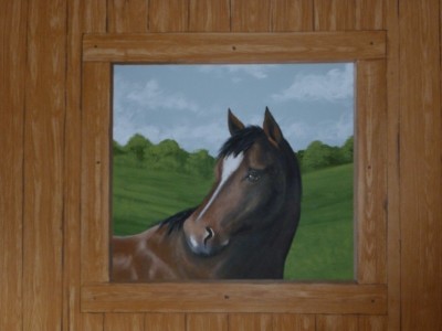 Minnow the horse part of a larger entirely muralled room with several pet portraits included. Mural by Ellen Leigh