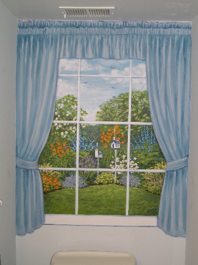 Garden View Window in a tiny powder room, depicting the owner's garden and bird feeders, curtains painted to frame out the work. Mural by Ellen Leigh