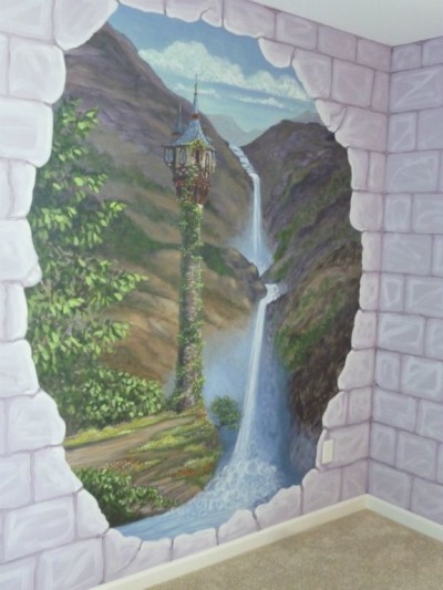 Stone block walls on two walls broken away to reveal a princess tower, mountains and a waterfall. Every little girl wants this. Mural by Ellen Leigh