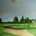 A large mural in a boy's room of boy and dad's favorite hole on their favorite course, clubhouse in the background. Mural by Ellen Leigh