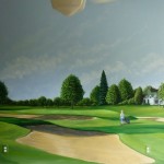 A large mural in a boy's room of boy and dad's favorite hole on their favorite course, clubhouse in the background. Mural by Ellen Leigh