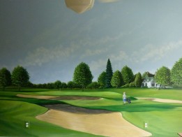 A large mural in a boy's room of boy and dad's favorite hole on their favorite course, clubhouse in the background. Mural by Ellen Leigh