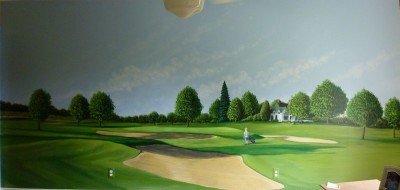 Murals for children's rooms ideas. A large mural in a boy's room of boy and dad's favorite hole on their favorite course, clubhouse in the background. Mural by Ellen Leigh