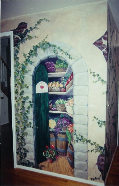 Greek Market open doorway mural showing shelves full. Mural by Ellen Leigh