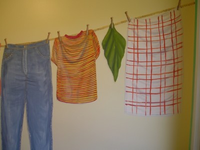 Laundry Line clothes painted hanging on a line mural by Ellen Leigh