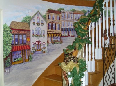 Village on the stairs mural by Ellen Leigh