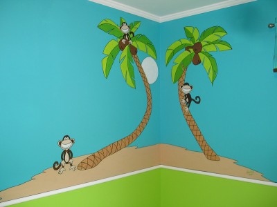 Murals for children's rooms ideas.  Cartoon Monkeys and coconut trees. Mural by Ellen Leigh