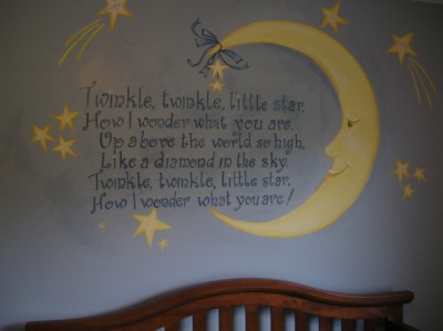 Man in the Moon, the twinkle lyrics and stars are a sweet theme for this boy's nursery. Mural by Ellen Leigh