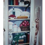 Pantry door, hand-painted mural by Ellen Leigh 24 x 80 flat panel door with 2 cats and a sheltie along with some favorite items.