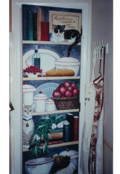 Pantry door, hand-painted mural by Ellen Leigh 24 x 80 flat panel door with 2 cats and a sheltie along with some favorite items.