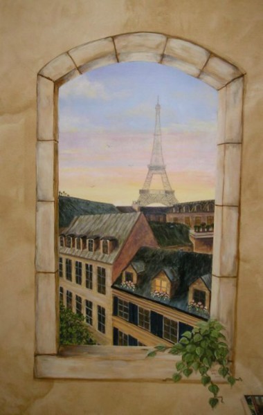 Paris Window painted on bathroom wall finished like antique plaster. mural by Ellen Leigh