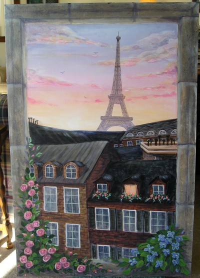 Paris View 24 x 36 fine art painting by Ellen Leigh unframed to look like a window overlooking the Eiffel Tower