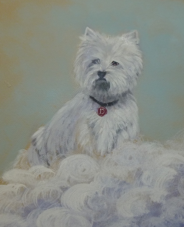 West Highland Terrier part of a mural painting, portrait of the donor's dog.