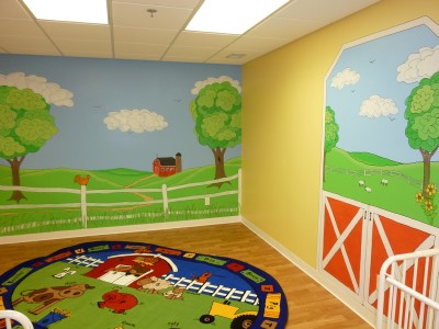 Cartoon baby nursery farm scene in a day care. Mural by Ellen Leigh