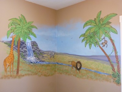 Savannah nursery mural with lion, monkey giraffe and elephant, waterfall in the back ground. Mural by Ellen Leigh