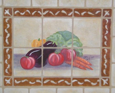 A wall painted to look like a tile inset into a backsplash mural by Ellen Leigh