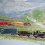Train room mural. All walls painted with hills, an d plentry of tracks and roads. Mural by Ellen Leigh