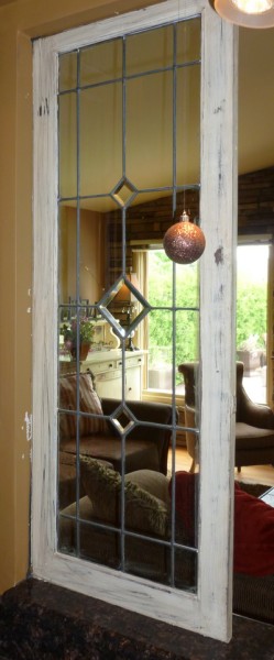 Leaded glass window frame painted, distressed and glazed by Ellen Leigh