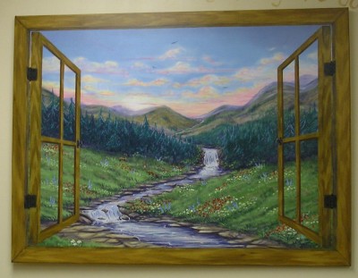 Window view 36 x 48 fine art painting by Ellen Leigh, unframed canvas to look like an open window overlooking a peaceful meadow with deer.