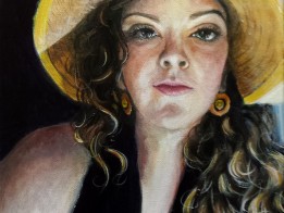 Katrina in a Yellow Hat 11 x 14 acrylic on canvas fine art portrait painting from a photograph by Michigan artist, Ellen Leigh