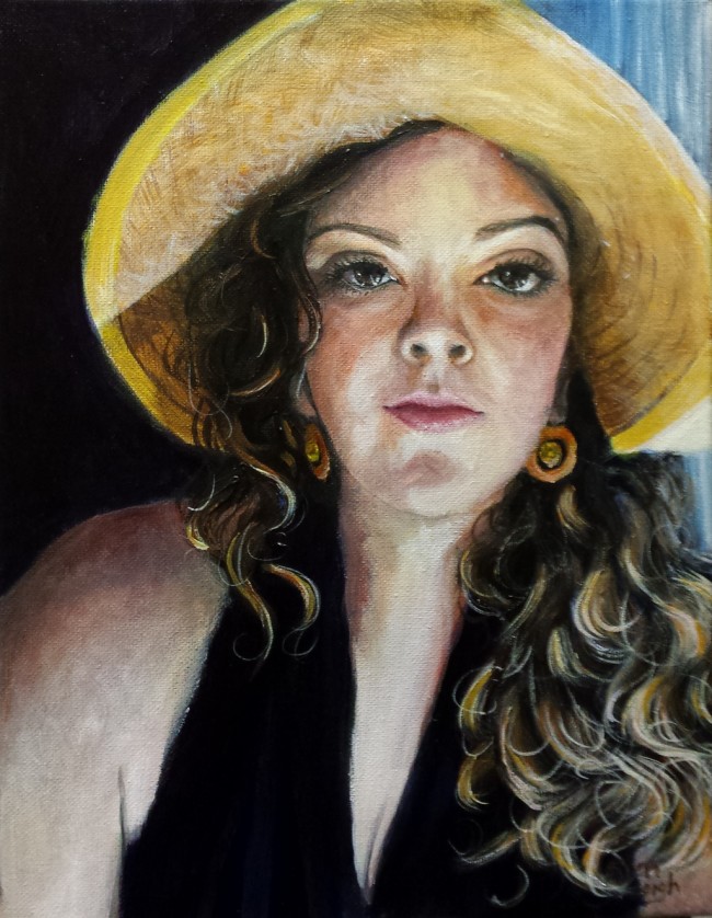 Katrina in a Yellow Hat 11 x 14 acrylic on canvas fine art portrait painting from a photograph by Michigan artist, Ellen Leigh