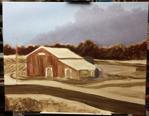 Step 2 of work barn painting by Ellen Leigh